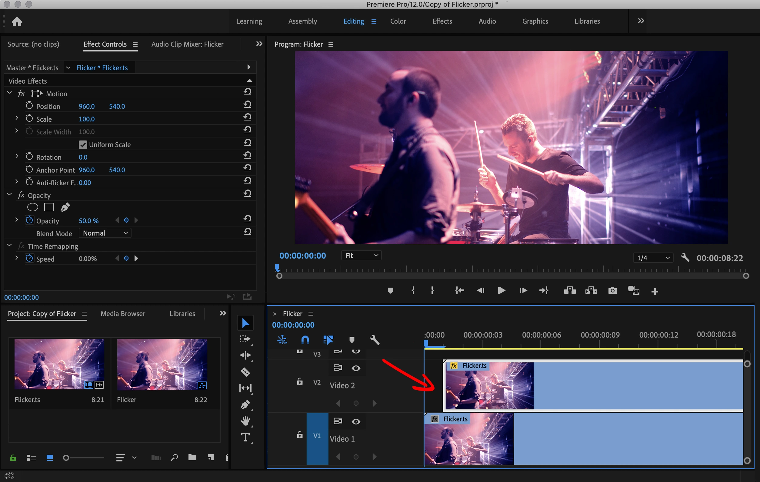 Footage in Timeline of Premiere Pro to removing flicker